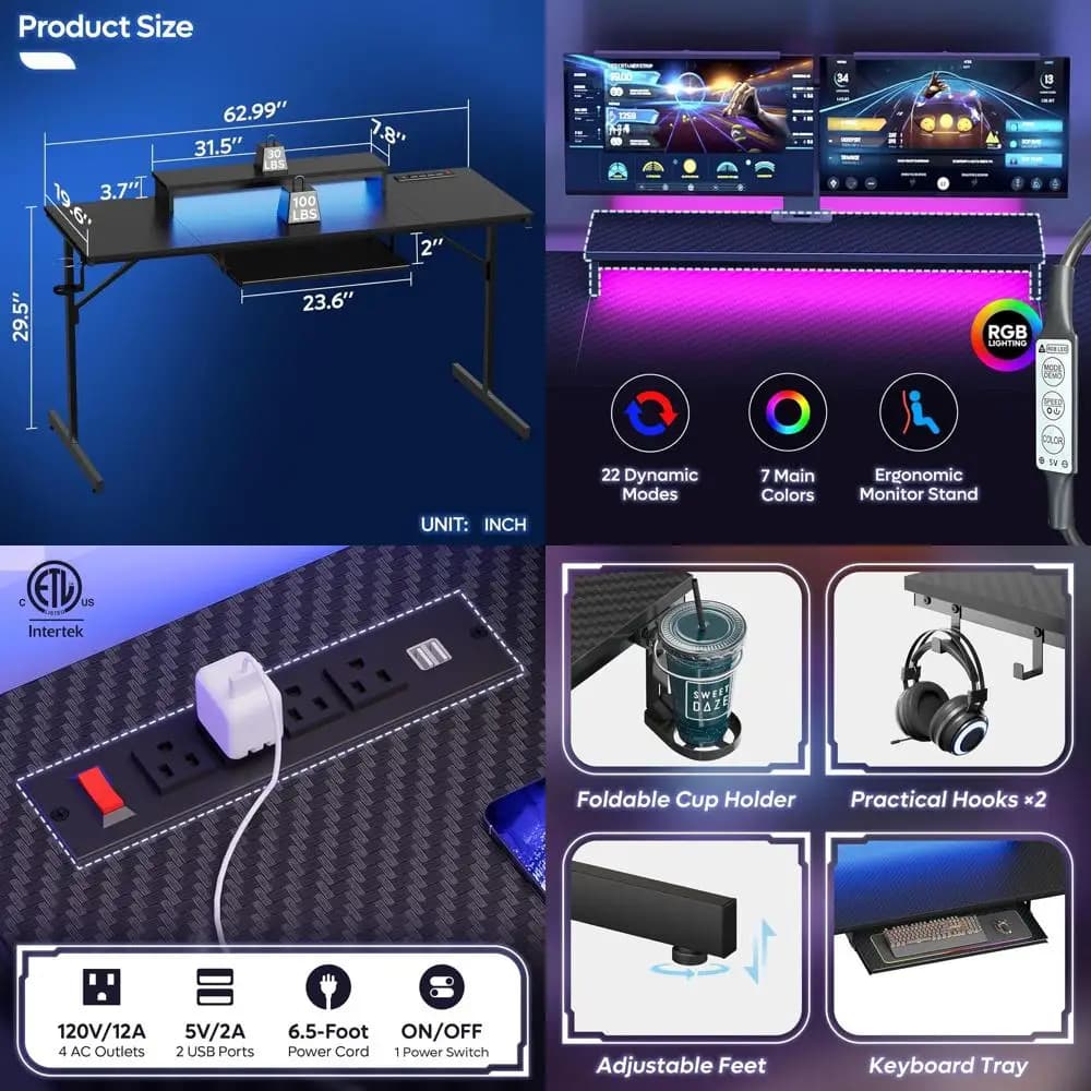 63 Carbon Fiber Game Desk: LED Lighted, Power Grips, Monitor Support, Glass Holders and Headphones