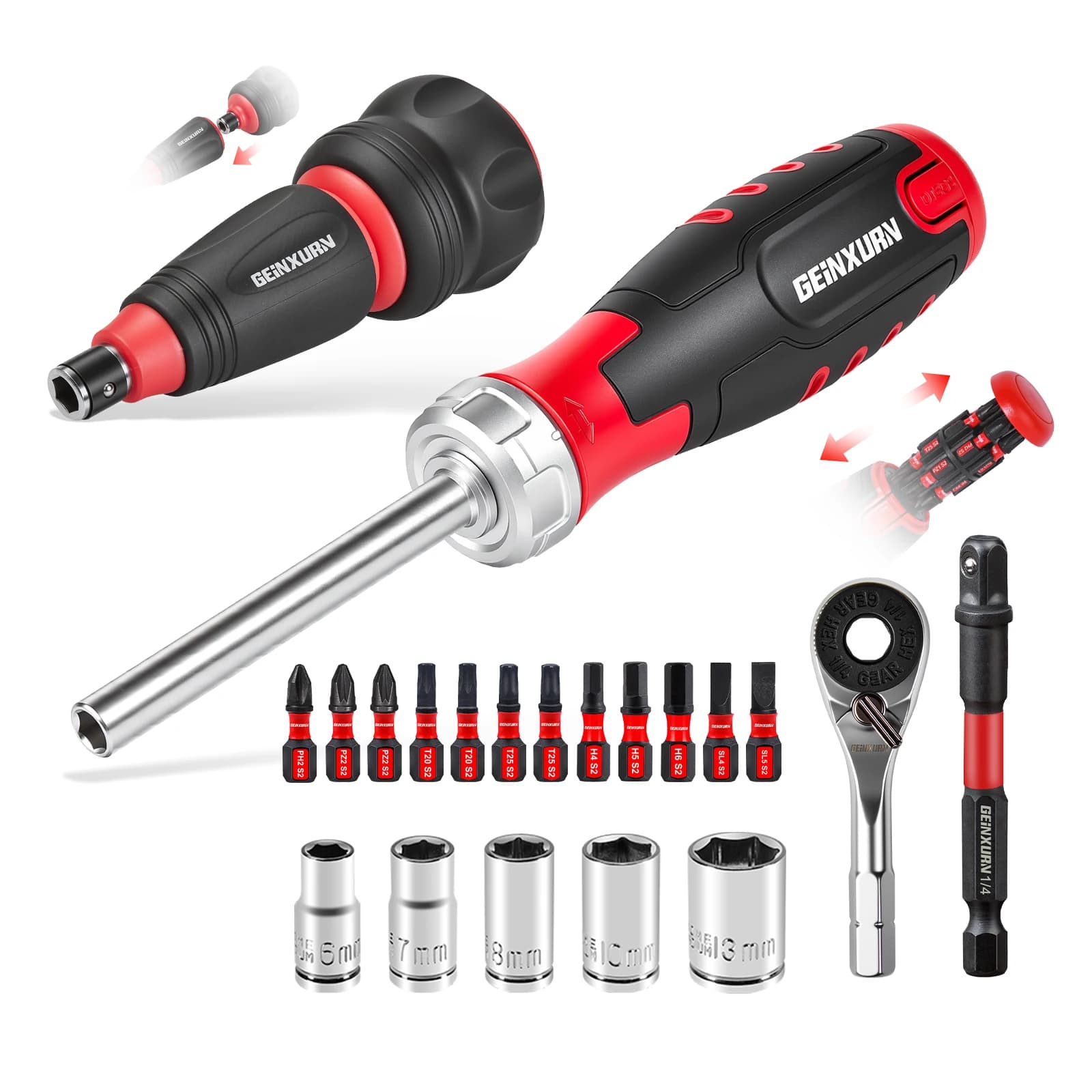 Geinxurn Ratchet Screwdriver Handle Kit, 1/4" Mixed Bits Set with Wrench, Sockets & Nut Drivers for DIY