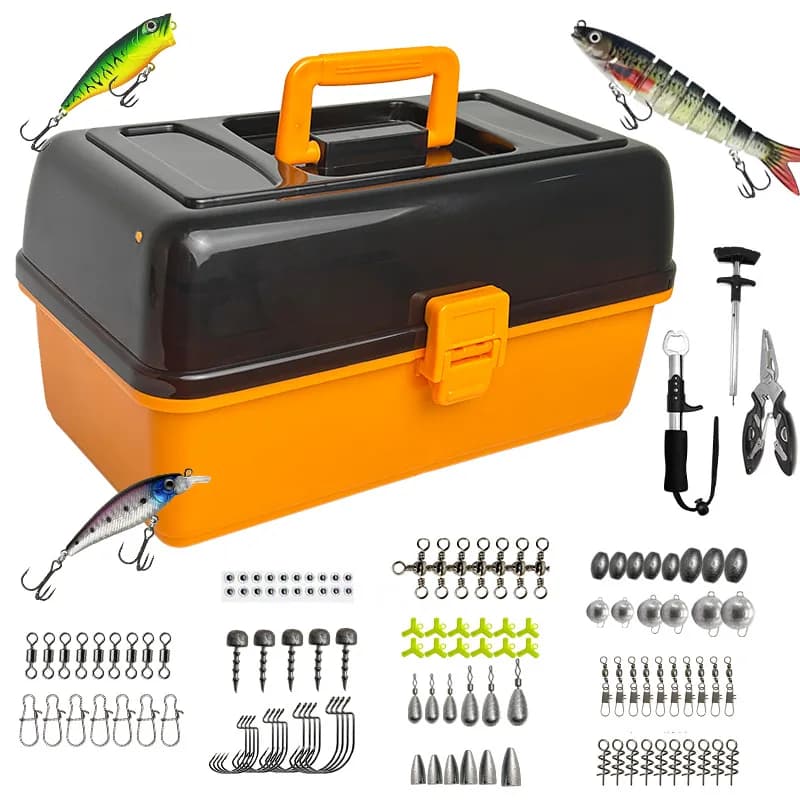 Large Four-Layer Outdoor Fishing Soft Bait Lead Head Hook 547-Piece Set Accessories Lure Bait Orange Tackle Box