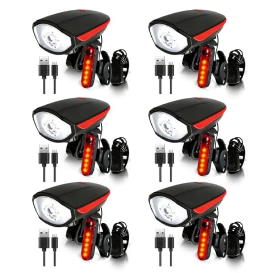 Set di 6 Luci LED Luminose per Bicicletta, Impermeabili, Ricaricabili USB, Faro Anteriore e Luce Posteriore per Bici da Montagna