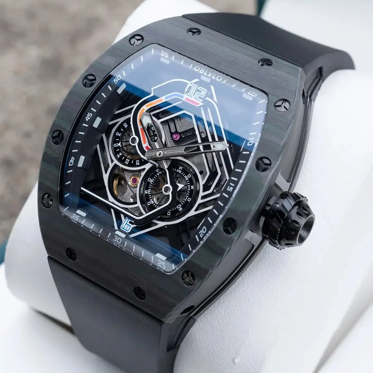 OBLVLO Men Automatic Watch 43mm Tonneau Mechanical Wristwatch Luminous Race Track Dial Sapphire Mirror