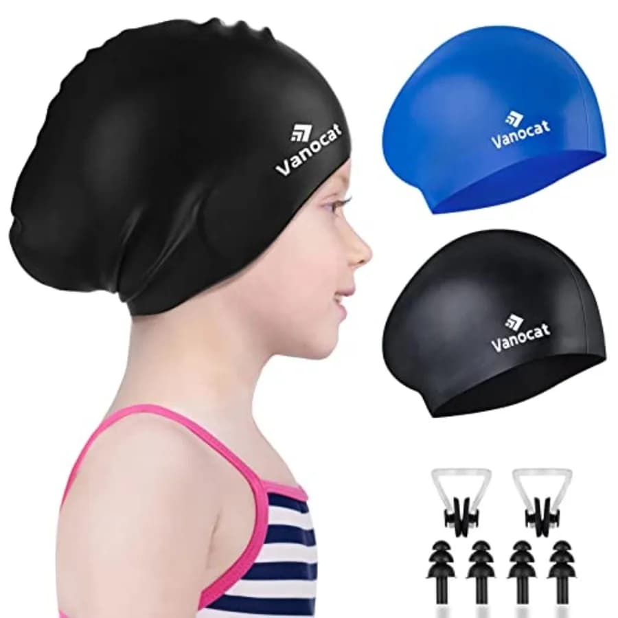 2 Pack Swim Caps for Long/Short Hair, Unisex Silicone Swimming Cap for Age 3-15 Toddler Youth Teen, Waterproof Shower Cap Bathi