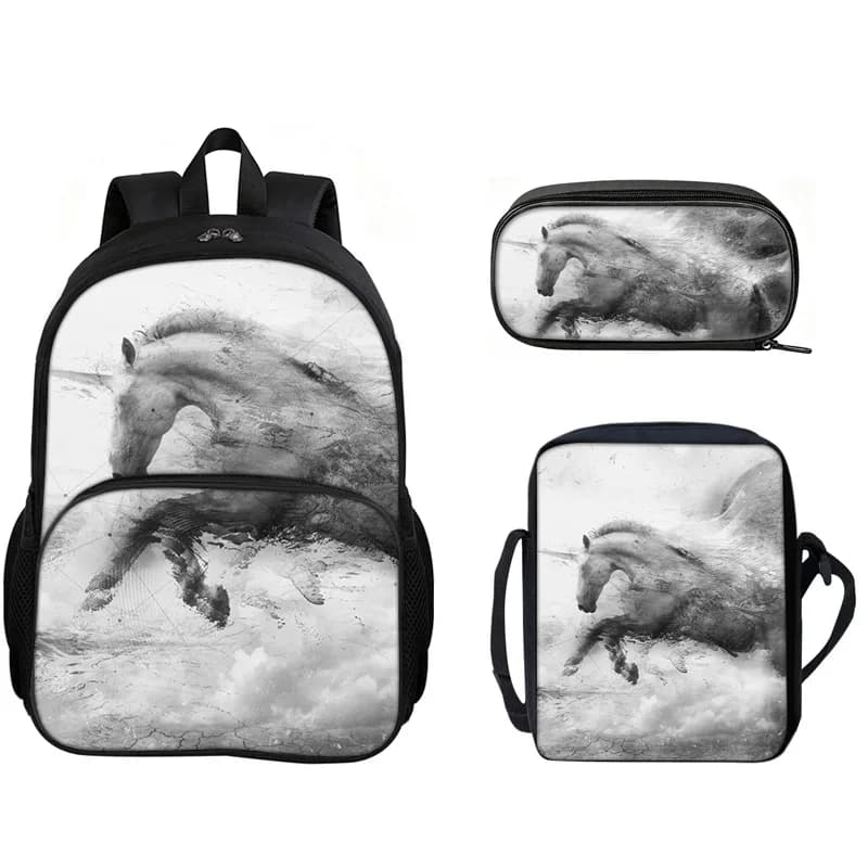 Horse 3Pcs Set with Front Pocket Backpack School Bag with Shoulder Bag Pencil Case Lightweight Large Capacity Multi-function