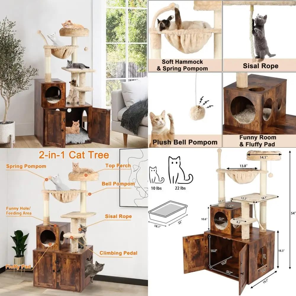 Torre per Gatti 2-in-1 Grande Marrone Rustico con Cesto, Tiragraffi e Pompon, con Vano per Lettiera Integrato