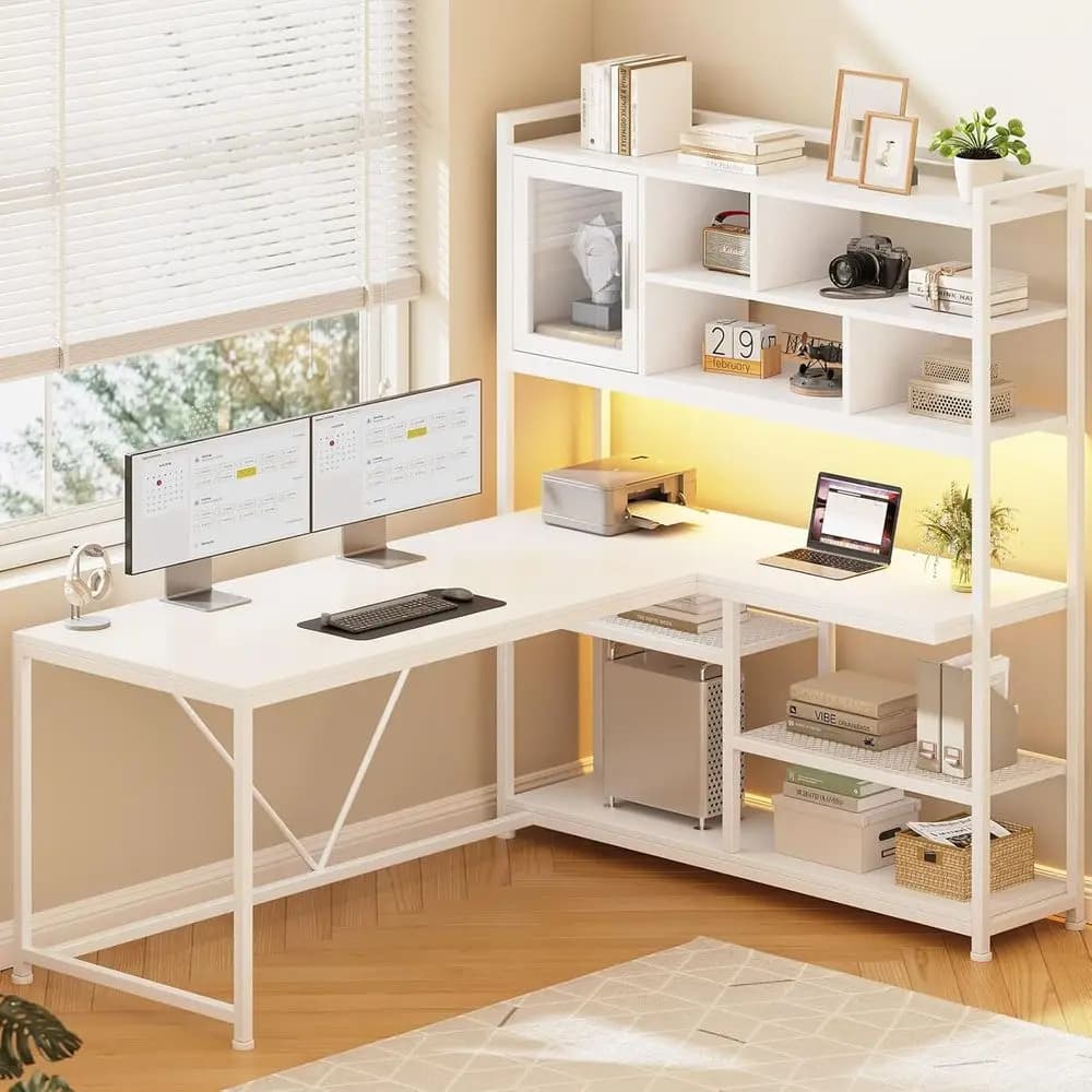 58-inch White L-Shaped Computer Desk with LED Light and Storage Shelves for Home Office and Gaming