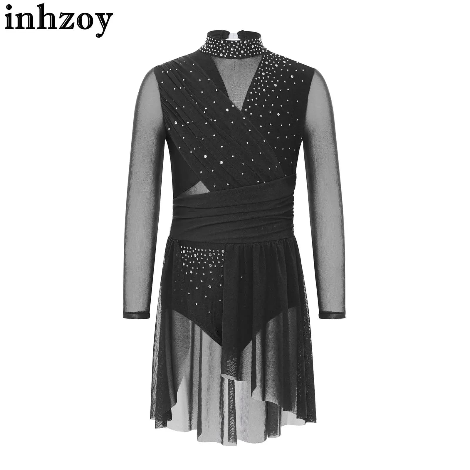 Costume da performance di pattinaggio su ghiaccio per ragazze 6-16 anni, manica lunga, strass lucidi, maglia divisa, body da danza lirica moderna