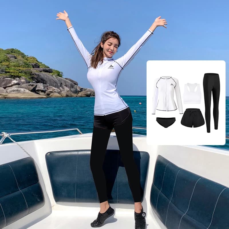 Manica lunga Rash Guard donna solido 5 pezzi costume da bagno cerniera costumi da bagno costume da bagno surf Pad pantalone lungo coppie uomo 3 pezzi