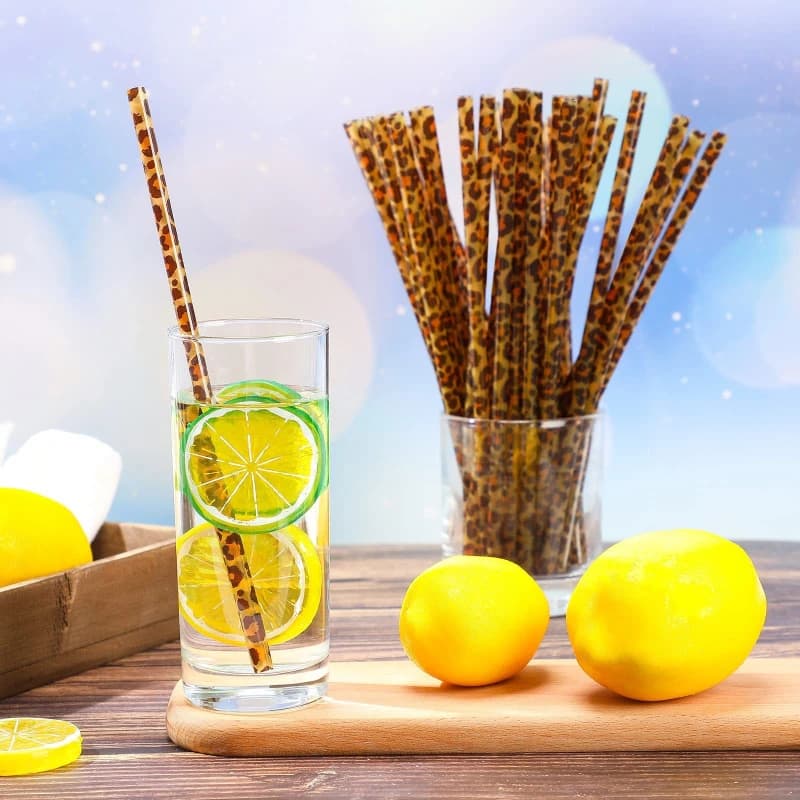 10/20/50 cannucce riutilizzabili in plastica rigida con motivo leopardato e spazzola per la pulizia, per bicchieri, tumbler, bar, feste, 230 mm.