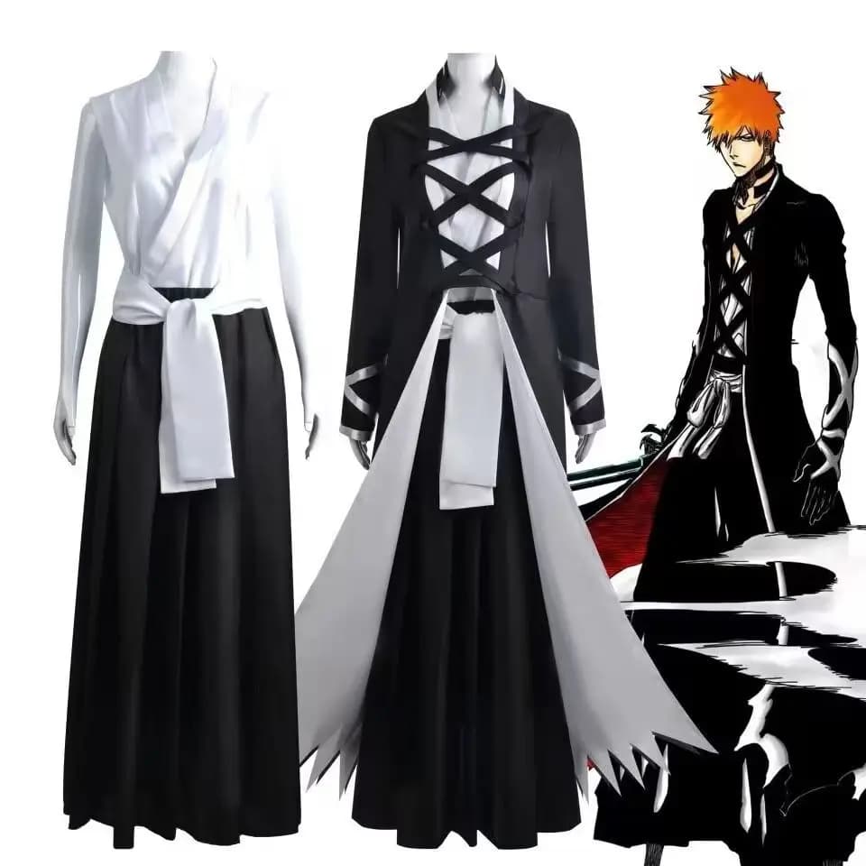 Anime BLEACH Kurosaki Ichigo Cosplay Costume Japanese Manga Cosplay Black and White Outfit Halloween Role Play Uniform for Men