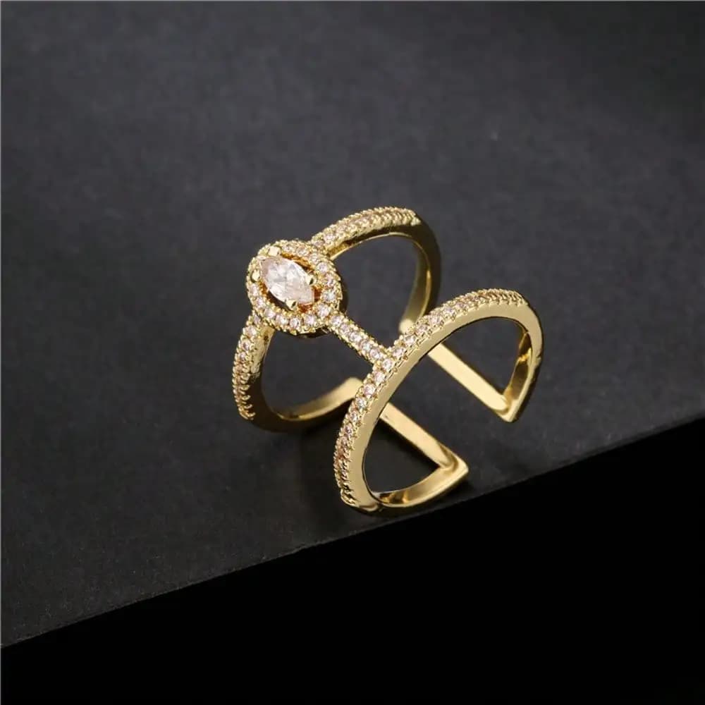 Lady's Golden and Silvery Double-Color Double-Ring Drop Zirconia Open Ring, Simple Elegant Light Luxury Geometric Ring, Suitable for Gift-Giving and Daily Wear.