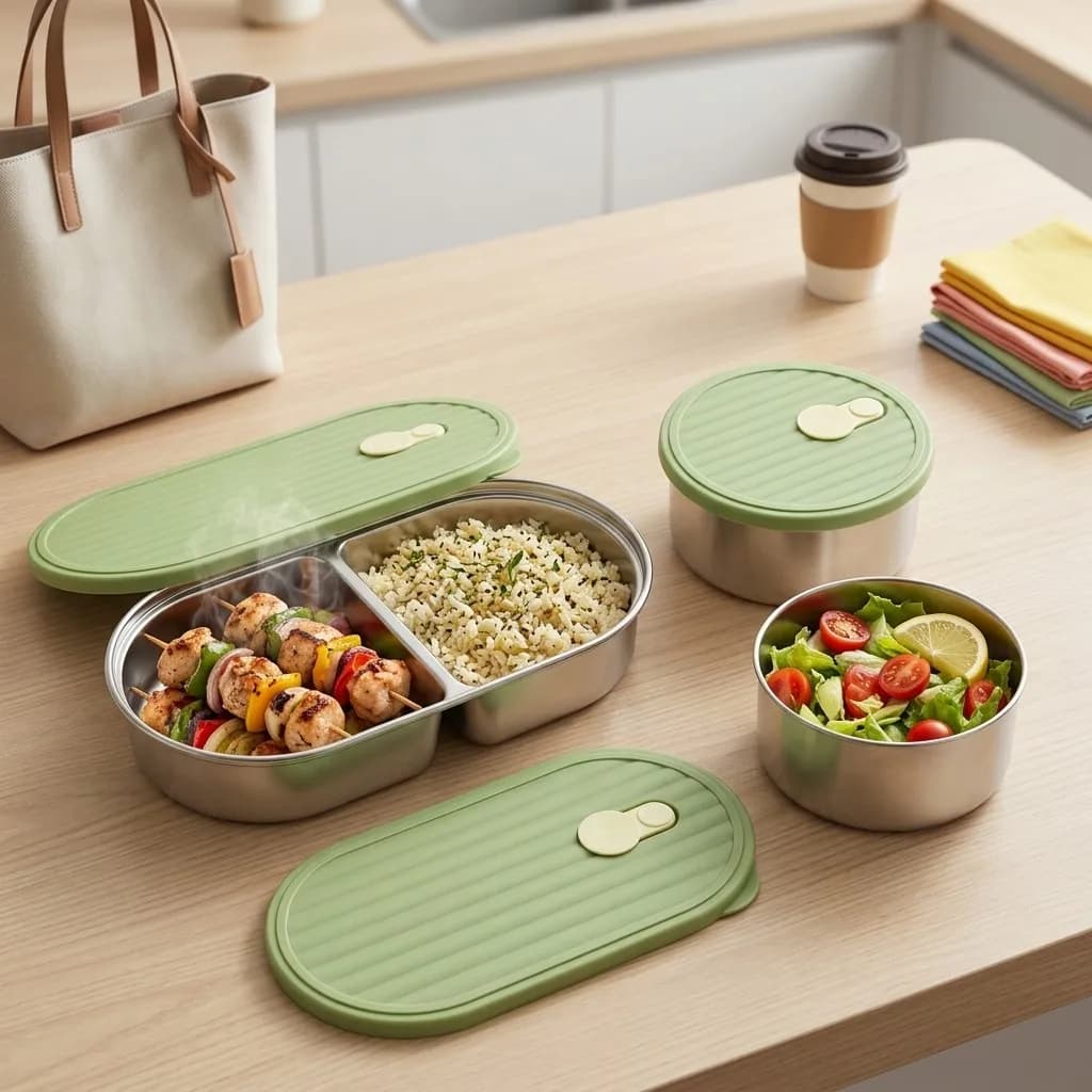 Set di Contenitori per Pranzo in Acciaio Inox 304, Adatti al Microonde, per Adulti e Bambini, Scuola e Preparazione Pasti