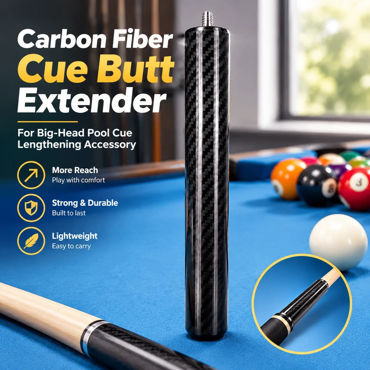 Carbon Fiber Billiard Cue Butt Extender for Big-Head Pool Cue Lengthening Accessory