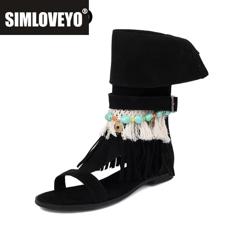 SIMLOVEYO Bohemian Tassel Mid Calf Sandal Boots Round Toe Flat Heels Suede Ladies Footwear Brown Black Sizes 46 48 50