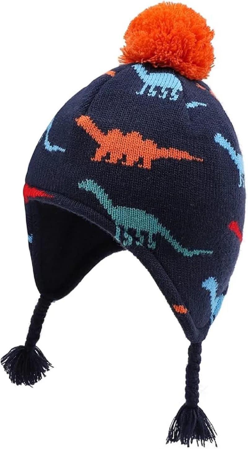 Connectyle Toddler Earflap Beanie Hat Soft Fleece Lined Knitted Kids Hat Warm Cute Cartoon Dinosaur Design Outdoor Winter Hat