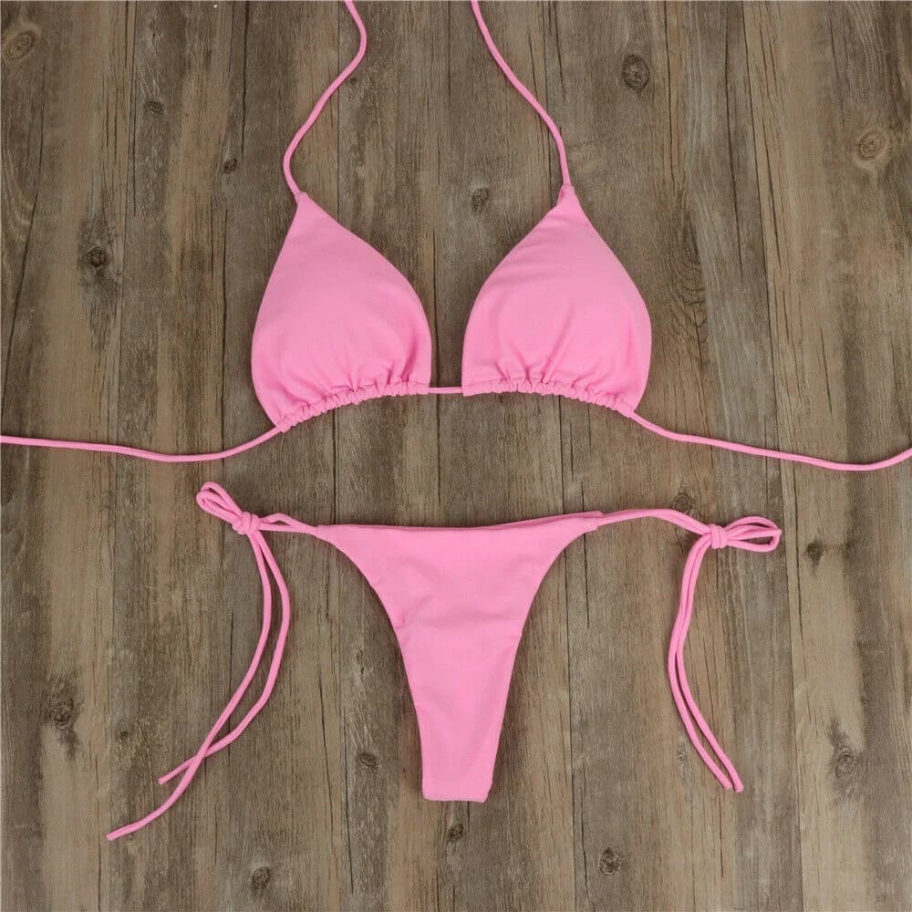 Nuove donne sexy appeso al collo perizoma bikini set cravatta laterale costume da bagno stile fasciatura cinturino diviso solido set costume da bagno da donna regolabile