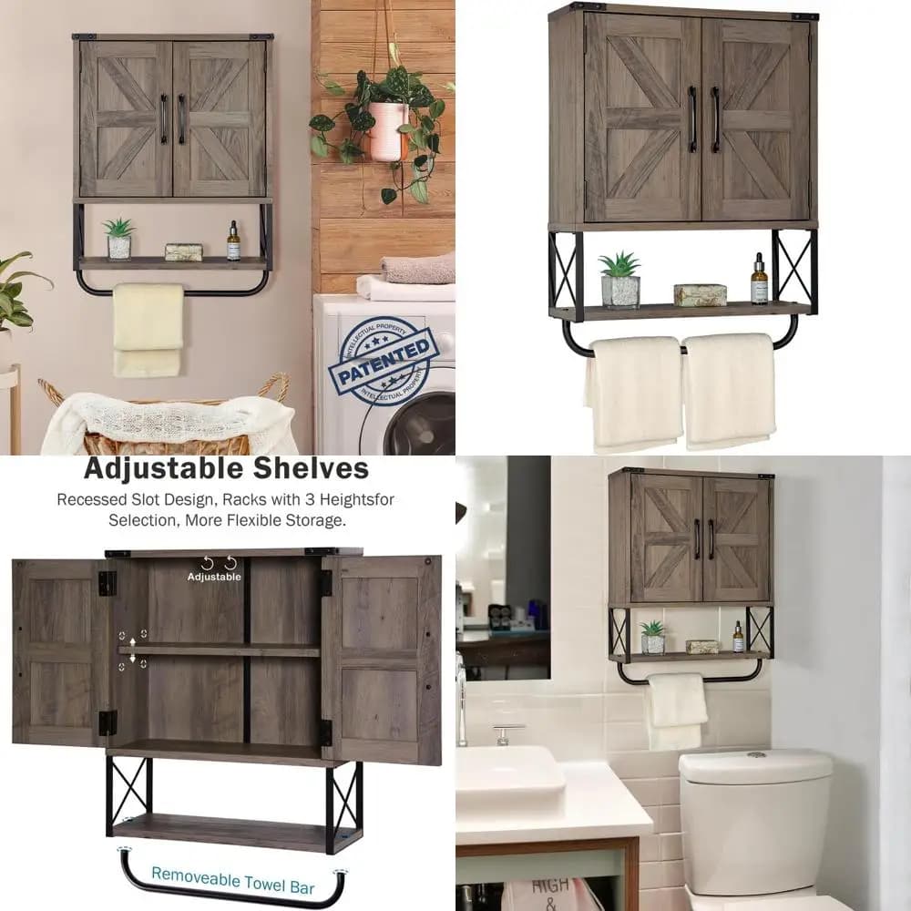 Mobiletto portaoggetti da parete in legno con 2 ante scorrevoli, ripiano regolabile e portasciugamani, a 3 livelli per bagno o soggiorno, medio W