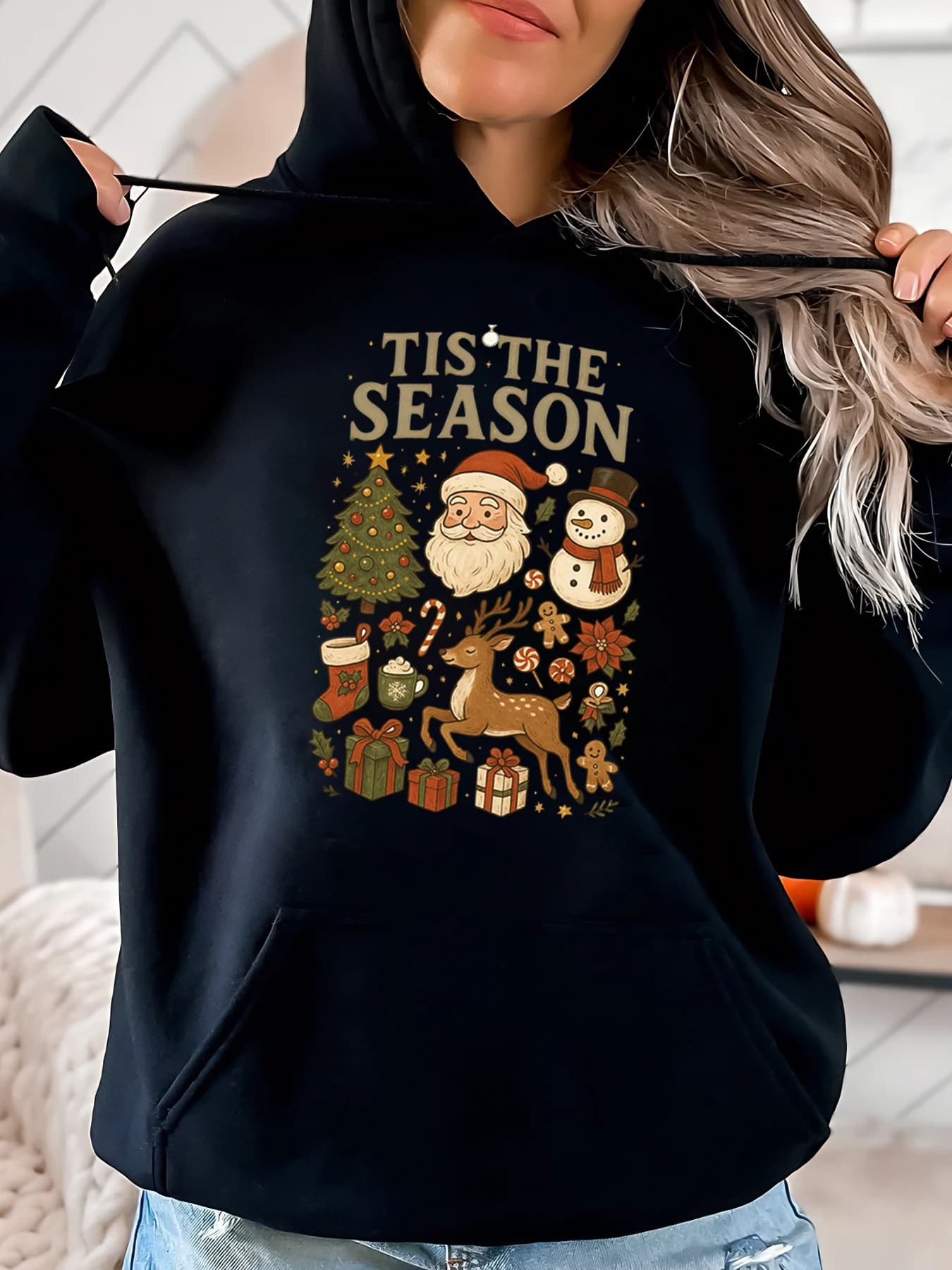 Tis the Season Felpa con cappuccio con stampa natalizia da donna Abbigliamento casual da vacanza Nero Taglie forti