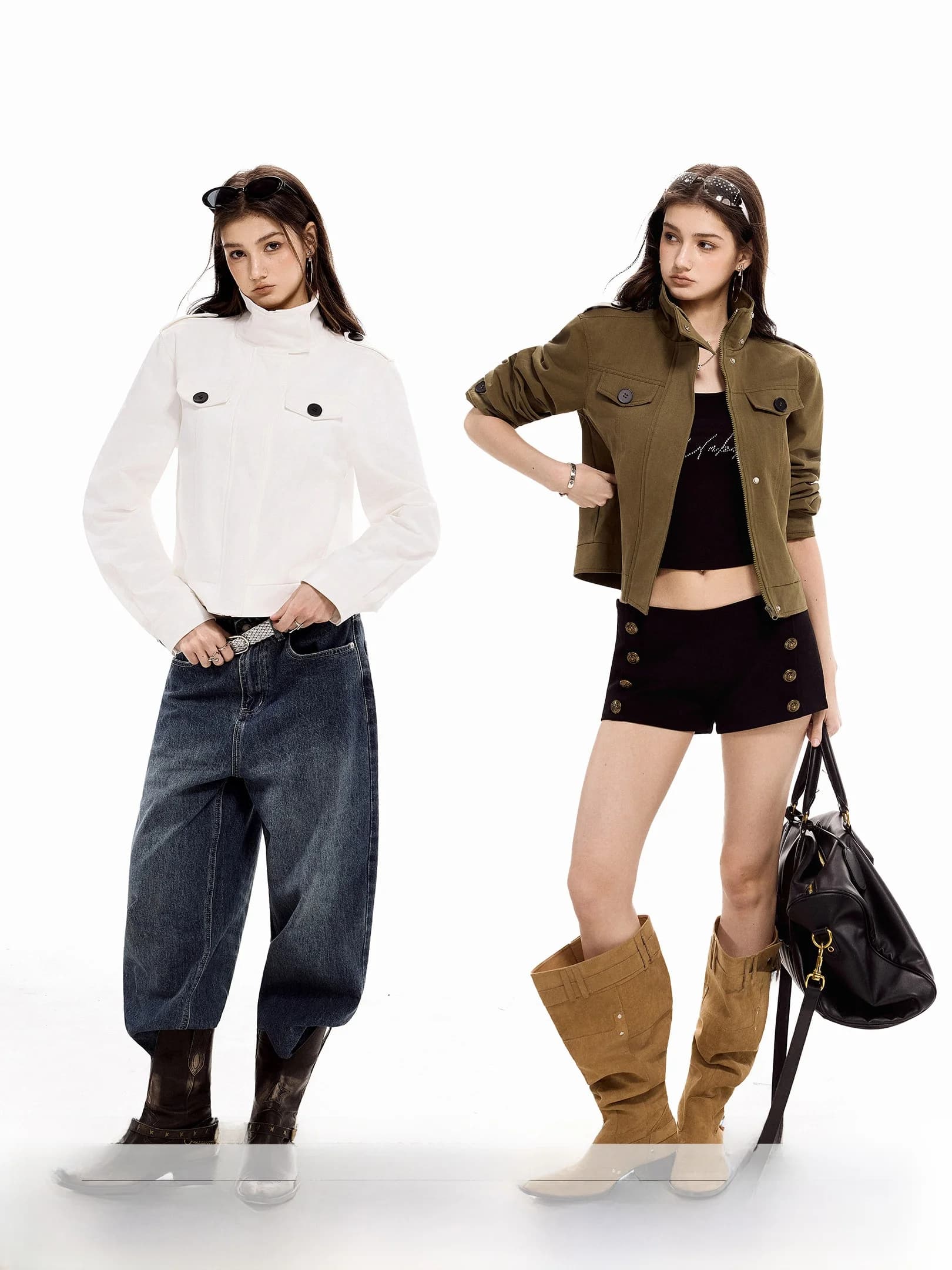 Ich Mode American Style High Collar Short Fit Women's White Cardigan Jacket Spring 2026 Vintage Style Cotton Long Sleeve