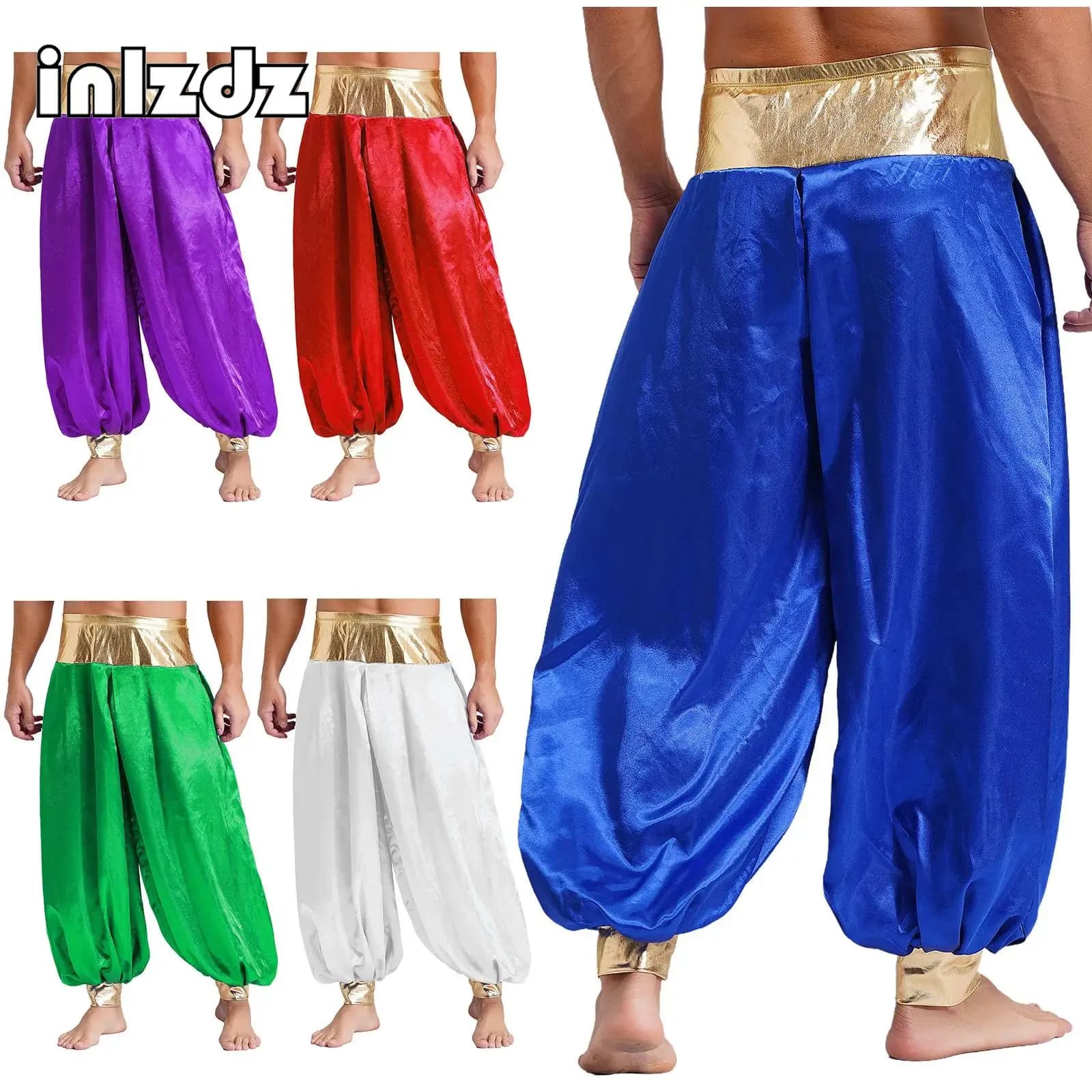 Costume cosplay da principe indiano arabo da uomo di Halloween, pantaloni Harem lucidi, costume arabo, carnevale, pantaloni lunghi con lanterna
