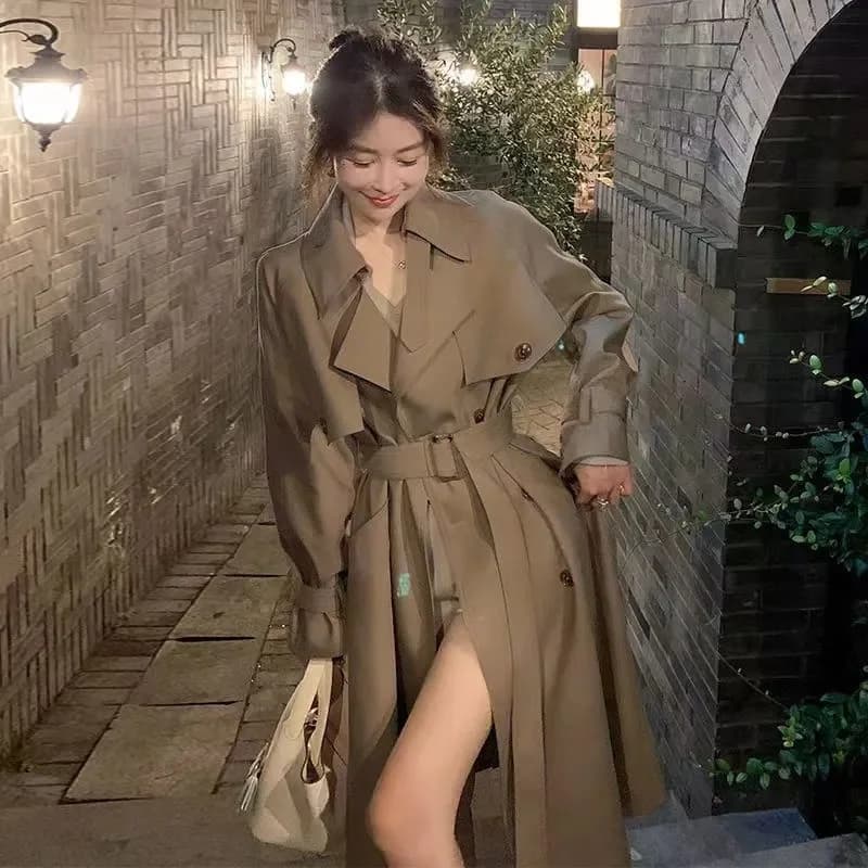 Trench slim autunno moda donna Colletto rovesciato solido Maniche lunghe Decorazione cintura Cappotti doppiopetto femminili