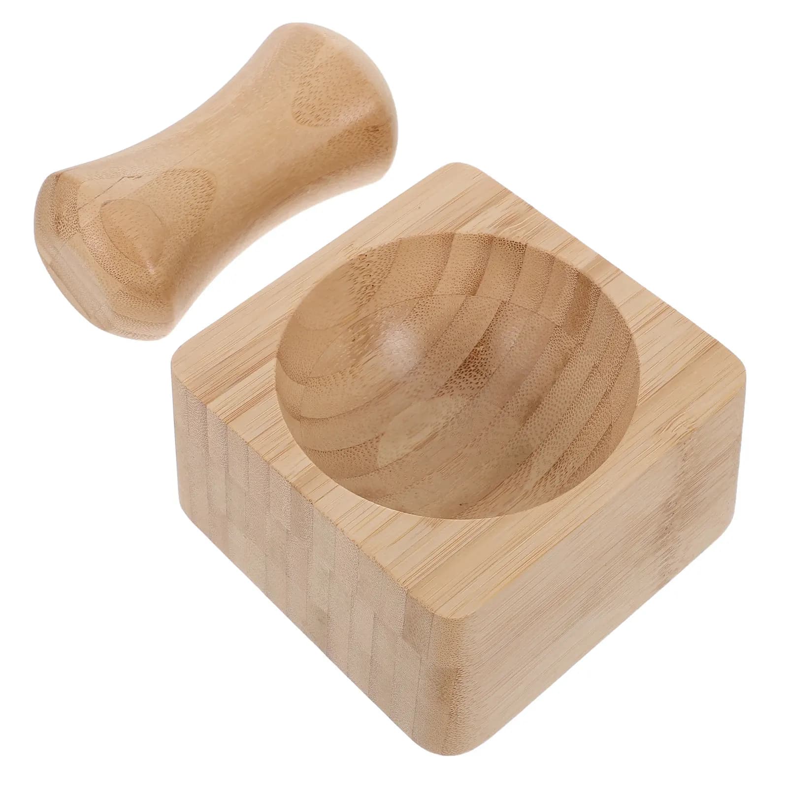 1Set Bamboo Mortar and Pestle Square Shape Sturdy Kitchen Grinder Bowl Manual Spice Garlic Ginger Crusher Bowl Set