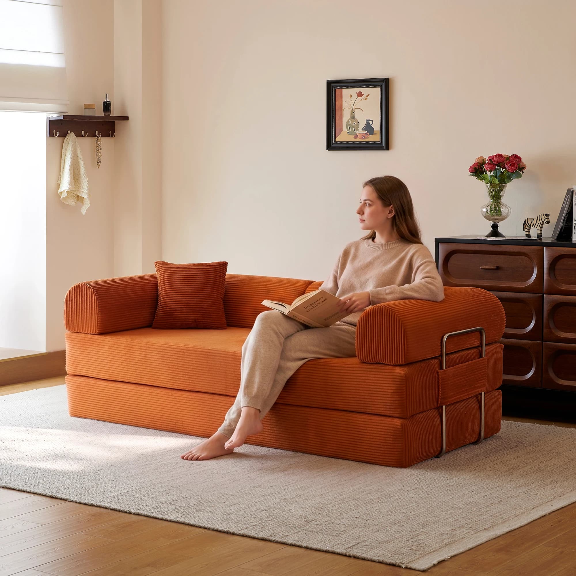 78.8" Compression Sofa Convertible Floor Sofa Bed-with Pillow Back Support Armrest Comfy Futon Couch Sleeper Bed Loveseats Boneless Modular Sectional Sofa