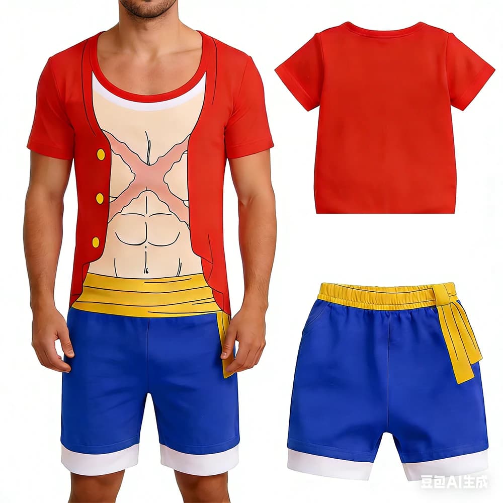 Sporty Complete Summer 2026 Men's One Piece, Live Version, with T-shirt and 3D Shorts Cartoon Monkey D. Luffy Cosplay in Sleeves Court
