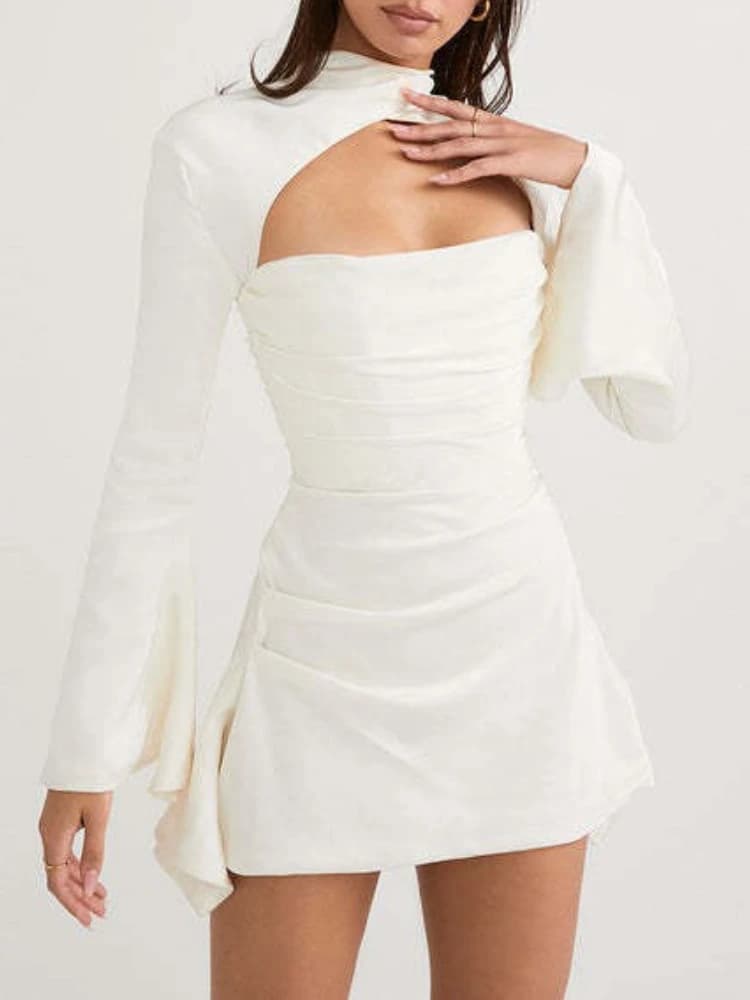 Abito Gotico Sexy alla Moda con Maniche a Campana, Vestito A-line da Donna Cyber Punk Y2k con Fibbia Metallica, Scollatura Halter e Maniche Lunghe Aderenti