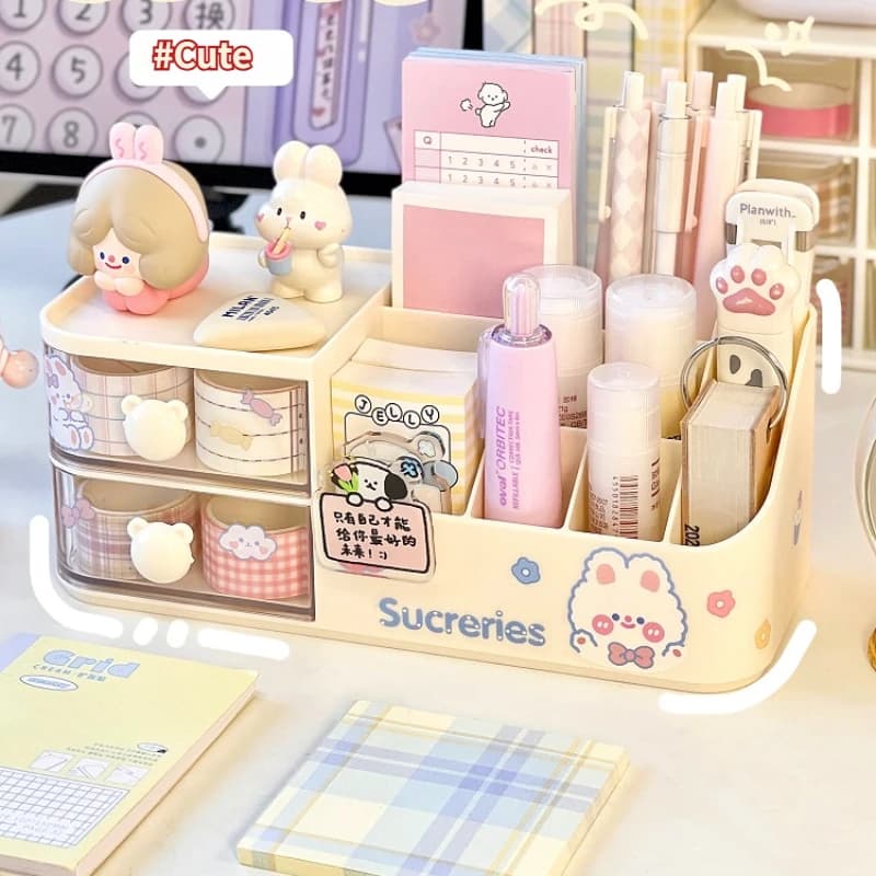 2024 New Desktop Storage Box Organizer Nice Bear Handle Drawer Type Desk Organizer Multi-grid Wallet with Stickers Kawaii