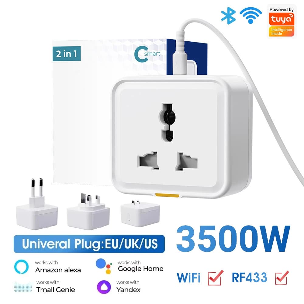 Presa Intelligente Wireless WIFI Tuya per Casa, Universale EU US UK 16A, Presa di Conversione da Viaggio con Monitoraggio Consumo Energetico e Timer
