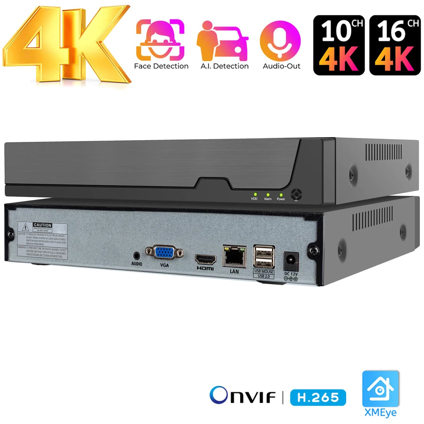 Videoregistratore di rete 4K 10Ch 16Ch Onvif NVR 8MP per sistema di telecamere di sicurezza domestica Fino a 16 telecamere IP da 8 MP Registrazione 24-7 XMEye