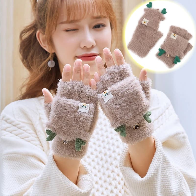 Guanti caldi lunghi in peluche alla moda Guanti con corna Flip imbottiti senza dita Attrezzatura da ciclismo da donna a forma di cervo simpatico cartone animato