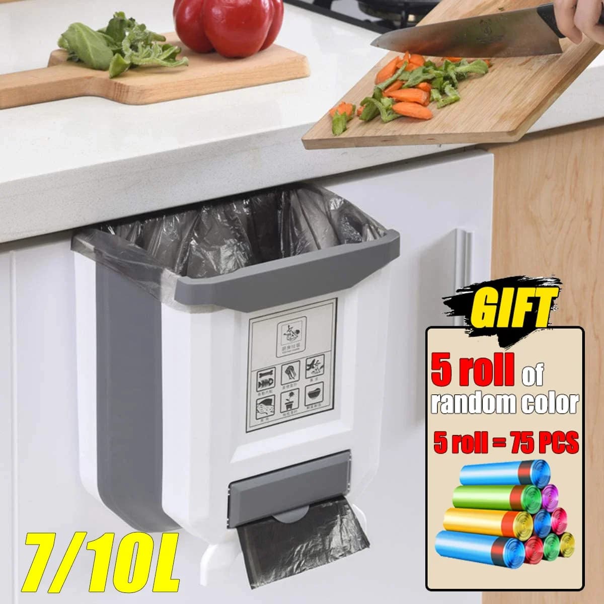 Pattumiera pieghevole da 7L/10L pattumiera sottile montata a parete con contenitore per sacchetto della spazzatura pattumiera sospesa in plastica per cucina bagno