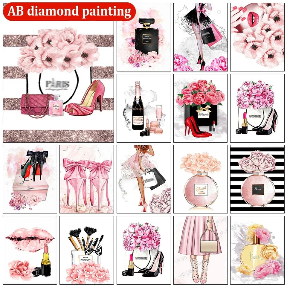 Diamante 5D fai da te senza cornice, pittura con diamanti AB, profumo, rossetto, tacchi alti, mosaico di diamanti, decorazione moderna per camera da letto, ricamo rotondo completo