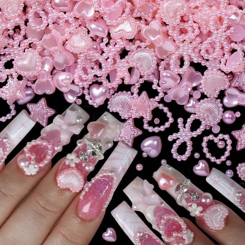 50 pezzi di decorazioni per unghie miste a forma di cuore con fiocco rosa perla, ciondoli per nail art Kawaii, stella, farfalla, accessori per unghie fai da te