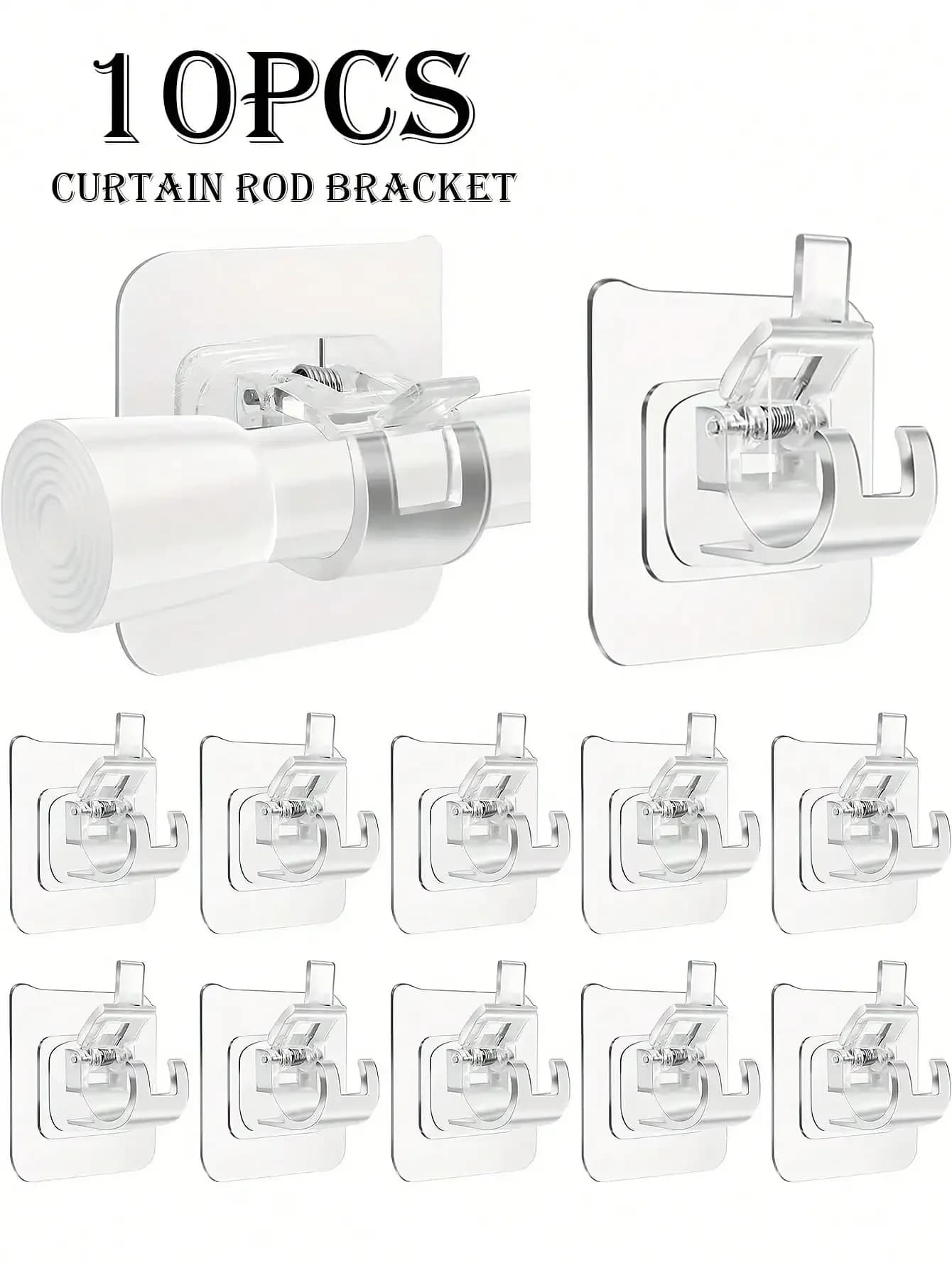 10pcs Self-Adhesive Curtain Rod Brackets Wall-Mounted Heavy Duty Hooks For Home Hotel Bedroom Living Room Kitchen Bathroom Shower Curtain Rods Stainless Steel Anti-Rust Multi-Purpose Adhesive Hooks Strong Load-Bearing Waterproof Indoor Outdoor Mounting Ha
