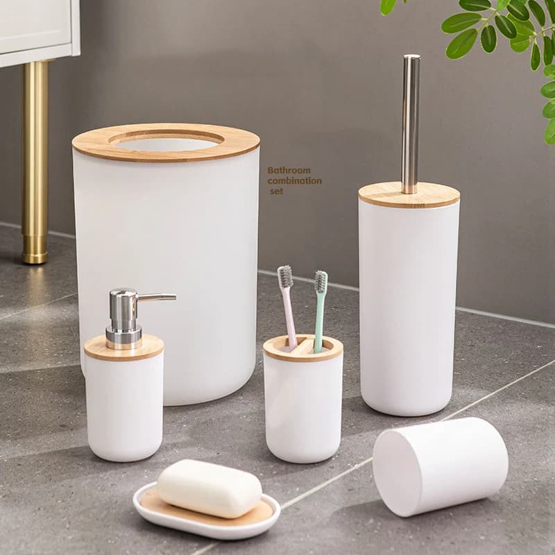 6Pcs/Set Soap Dispenser Box Toilet Brush Lotion Bottle Trash Can Bamboo Plastic Bathroom Storage Set Toothbrush Cup Holder