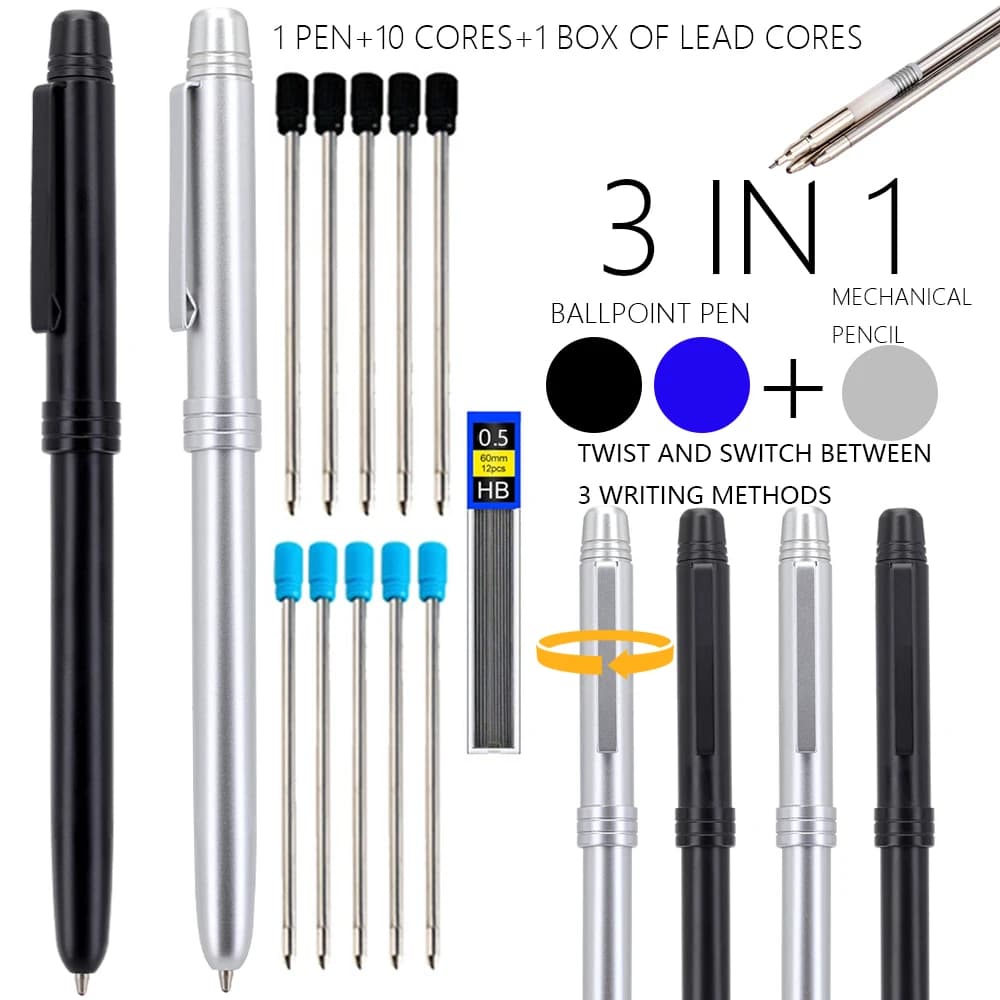 Creative 3 In 1 Multifunctional Ballpoint Pen Set, 10Pen Refill and 0.5mm Automatic Pencil Refill School Writing Supplies