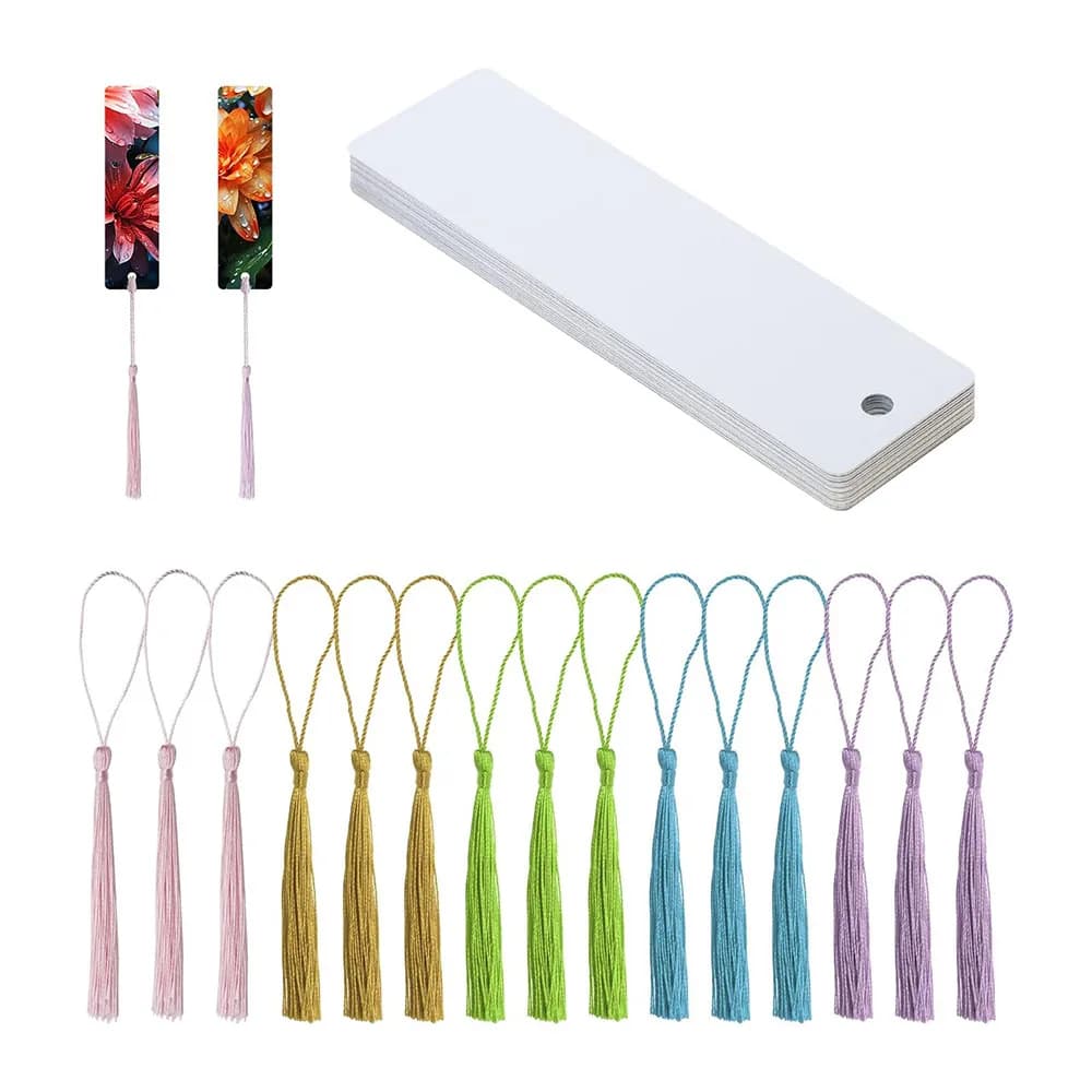 15 kit segnalibri in metallo bianco per sublimazione con nappe colorate per fai da te, bomboniere e etichette regalo - 3,2x12 cm fronte-retro
