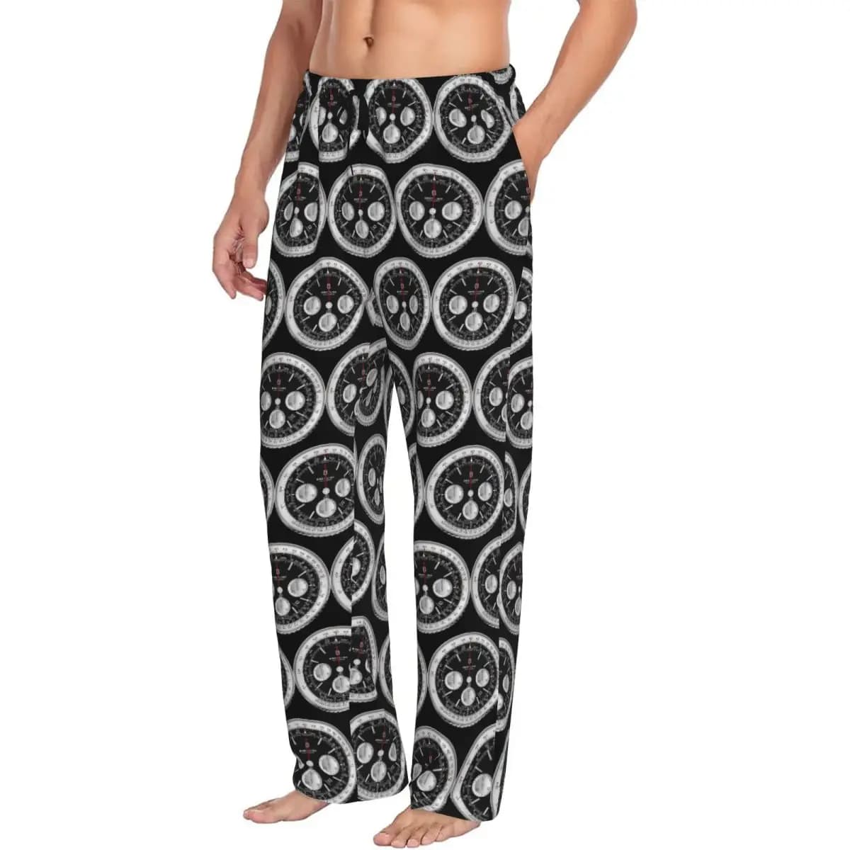 Men's pajamas pants with custom black luxury watch dial Night pants for sleeping with pockets
