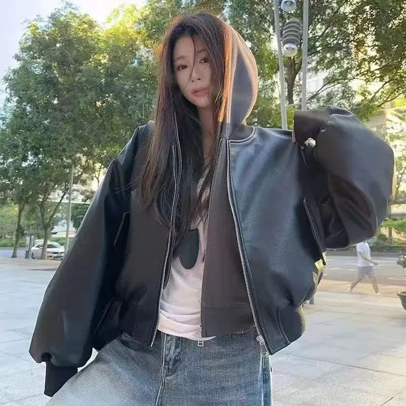 Womens Black Cropped Leather Baseball Spring Retro Cool Loose Casual Moto Outerwear