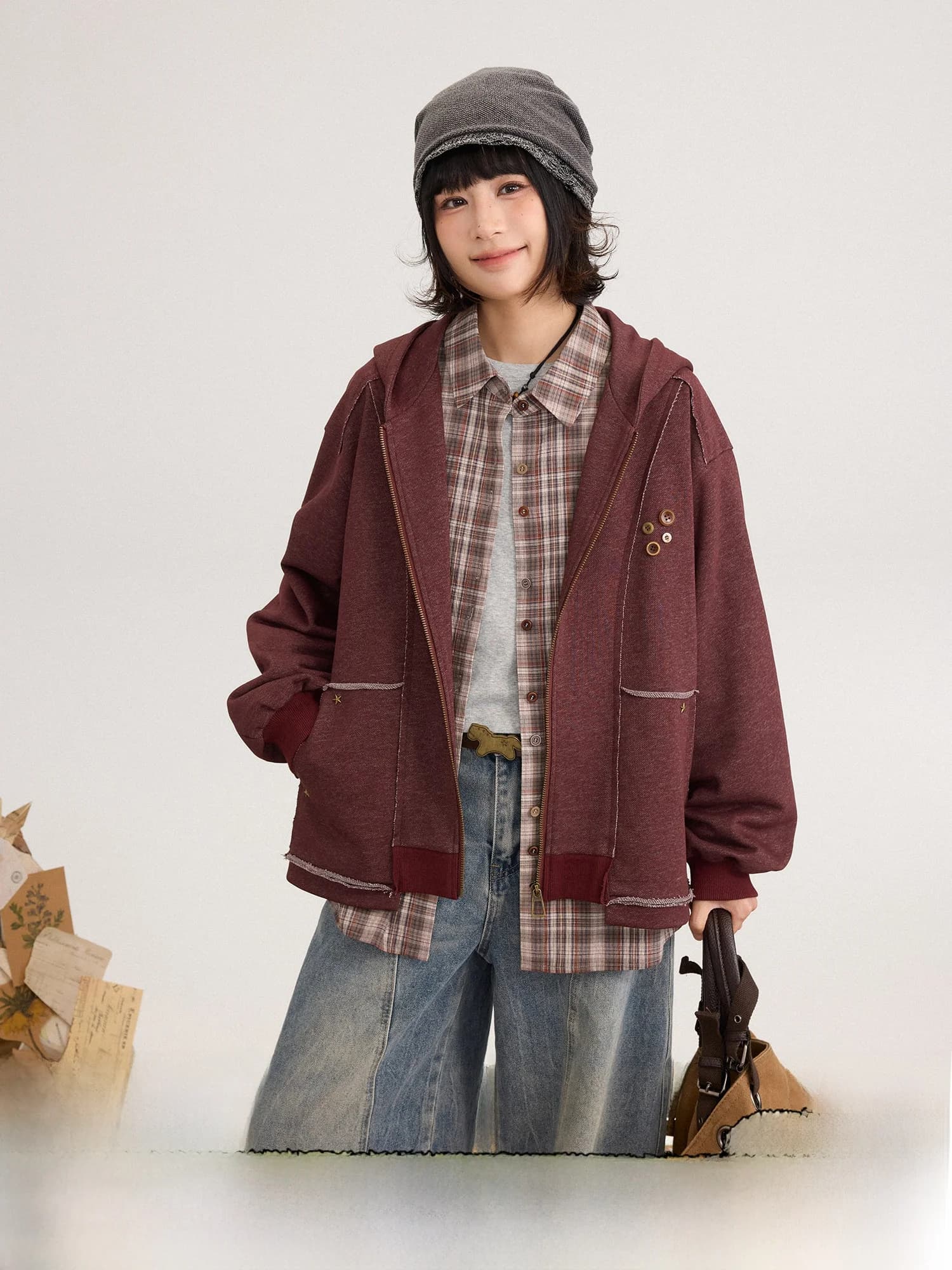 Laid-back Splicing Vintage Volcano Hoodie Jacket Spring Casual Loose Fit Shoulder Drape Long Sleeve Zipper Closure Wome...