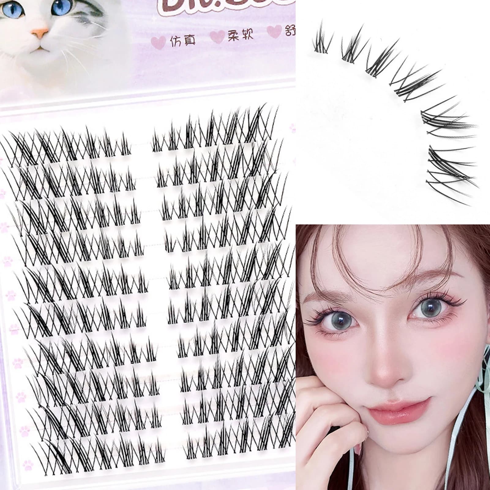 Extension false Thai Fox style eyelashes, segment design with tilted wing extension for eye makeup