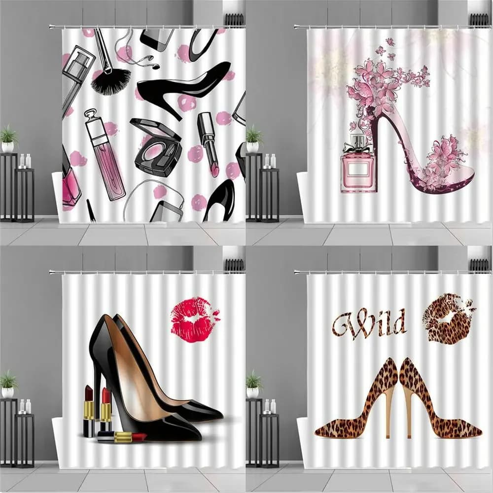Tenda da Doccia con Stampa Leopardo e Labbra Rosse Sexy, Tappeto per Bagno e Camera da Letto Rosa con Tacco Alto, Decorazione Impermeabile in Tessuto per Ragazze