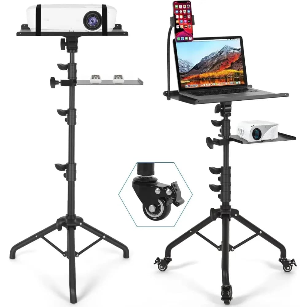 Treppiede portatile su ruote per laptop con 2 ripiani, altezza regolabile 25,9-51,8 pollici, supporto per telefono incluso