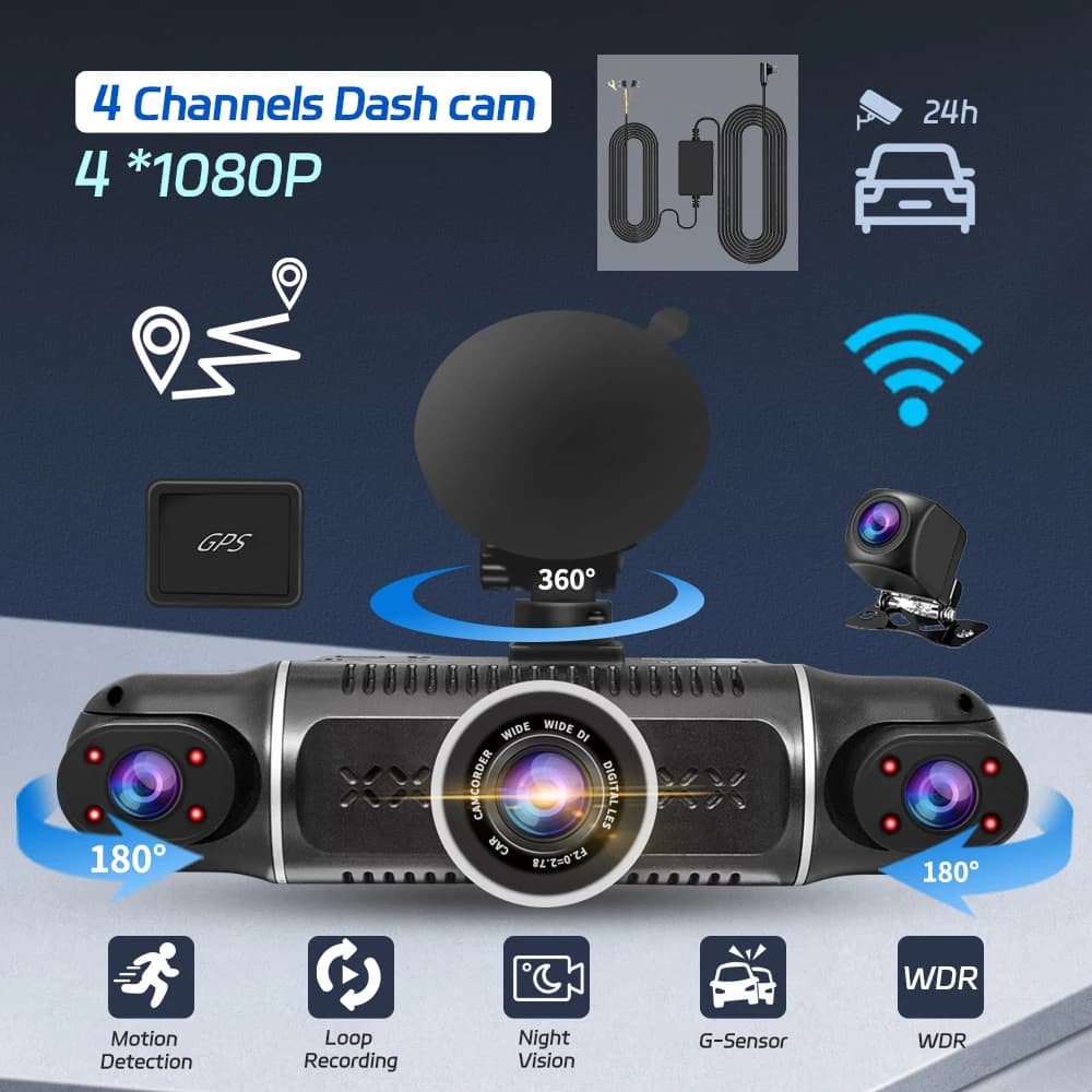Car Dvr Dash Cam Free 64G TF Card WiFi GPS 24h Parking Monitor 360° 4 Lens Loop Recording Dashboard Camera Night Vision BlackBox