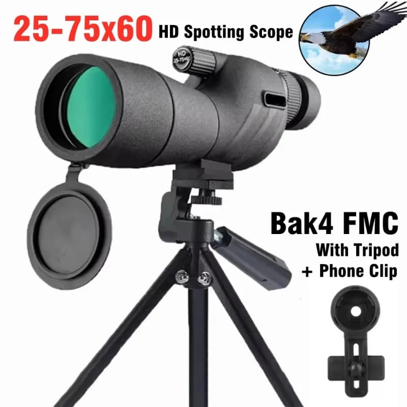 Telescopio 25-75x60 con Potente Zoom, Monoculare FMC BAK4 Impermeabile per Birdwatching e Tiro al Bersaglio con Treppiede