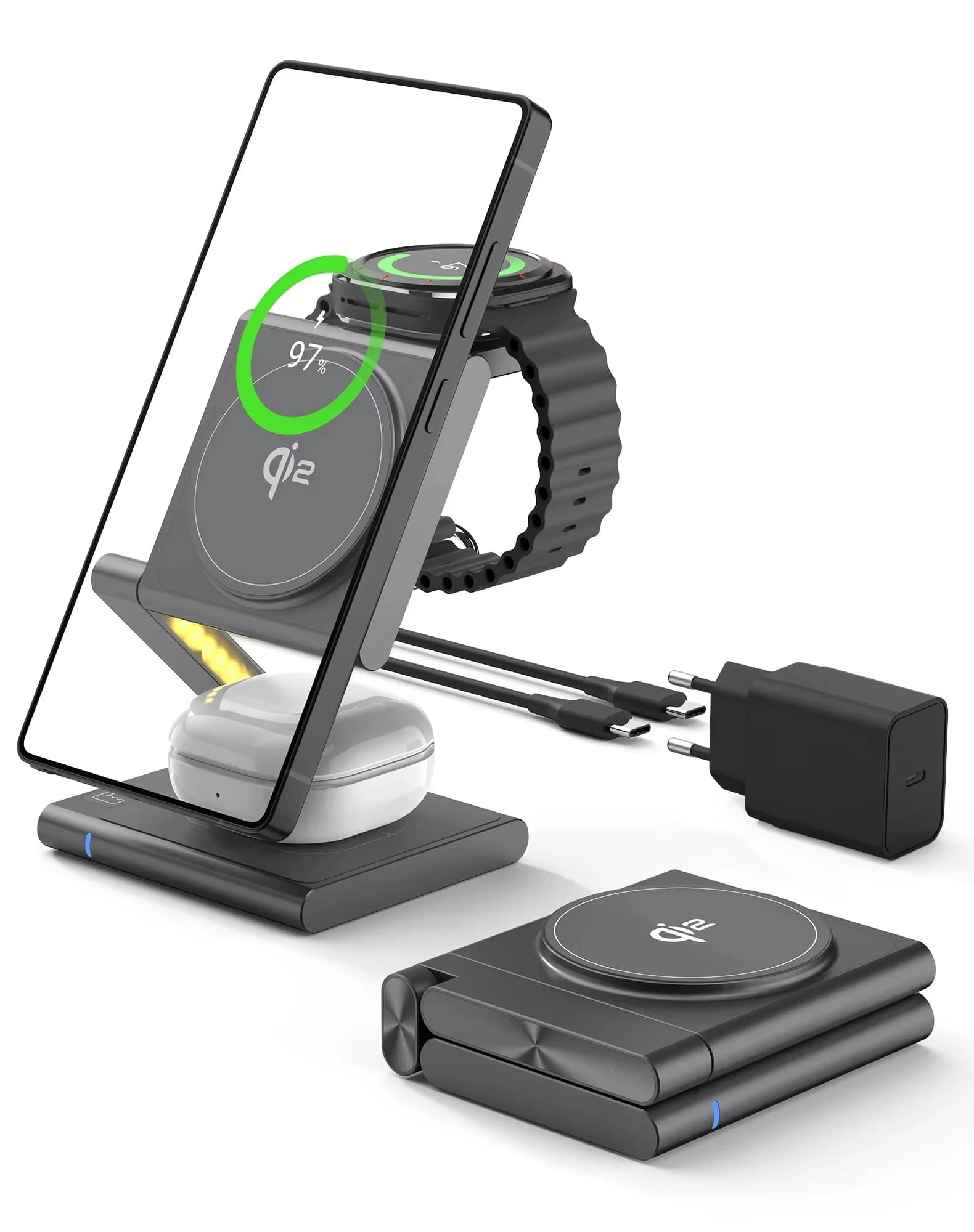 Caricatore Wireless 4 in 1 per Due Telefoni, Supporto Magnetico Pieghevole, Stazione di Ricarica Rapida per Samsung Galaxy S25 e Galaxy Watch