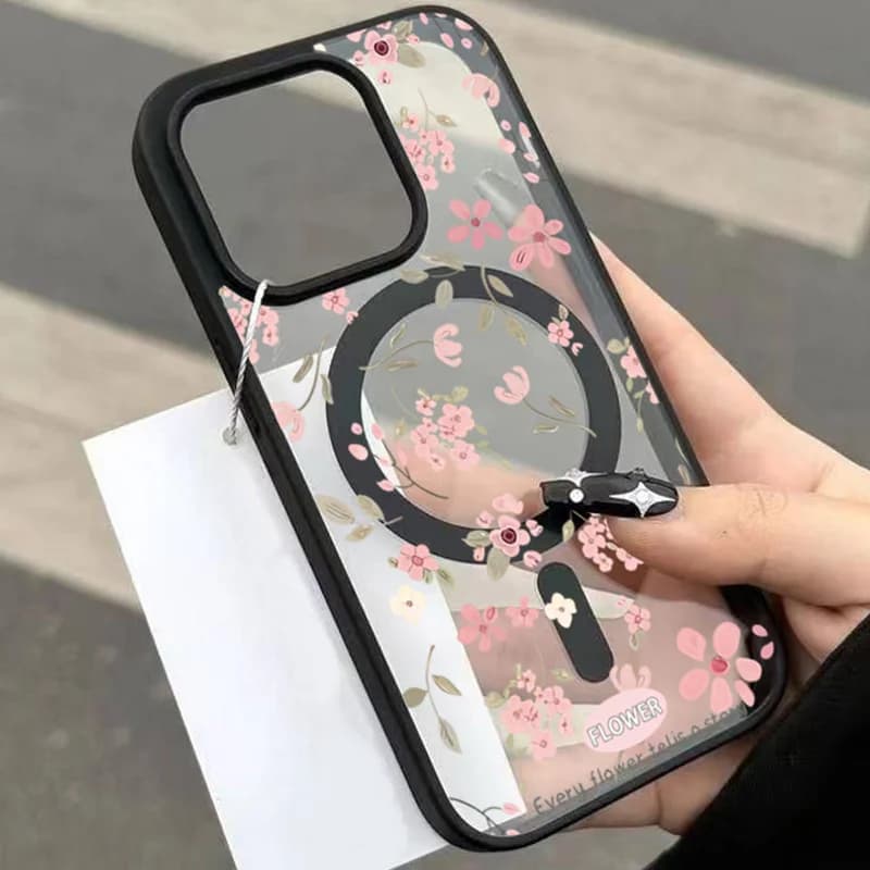 Magnetic phone case with design of small pink flowers for iPhone 17 Pro Max iPhone 16 Plus 15 14 13 12 11 Air 17 Transparent cover