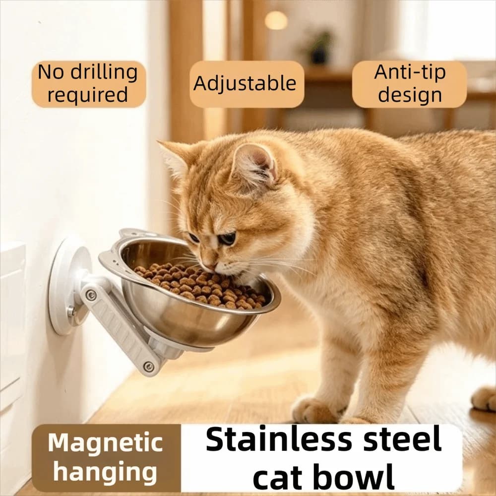 Stainless Steel Magnetic Cat Bowl Space Saving Height Adjustable Wall Mounted Dog Bowl No-Drill Leak-Proof Cat Food Bowl